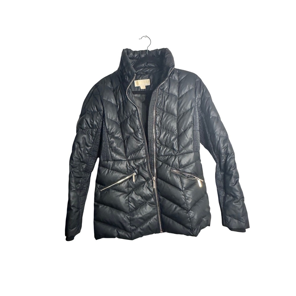 Michael Kors Black Chevron Puffer‎ Jacket Quilted Zip Front Warm Winter Size S
